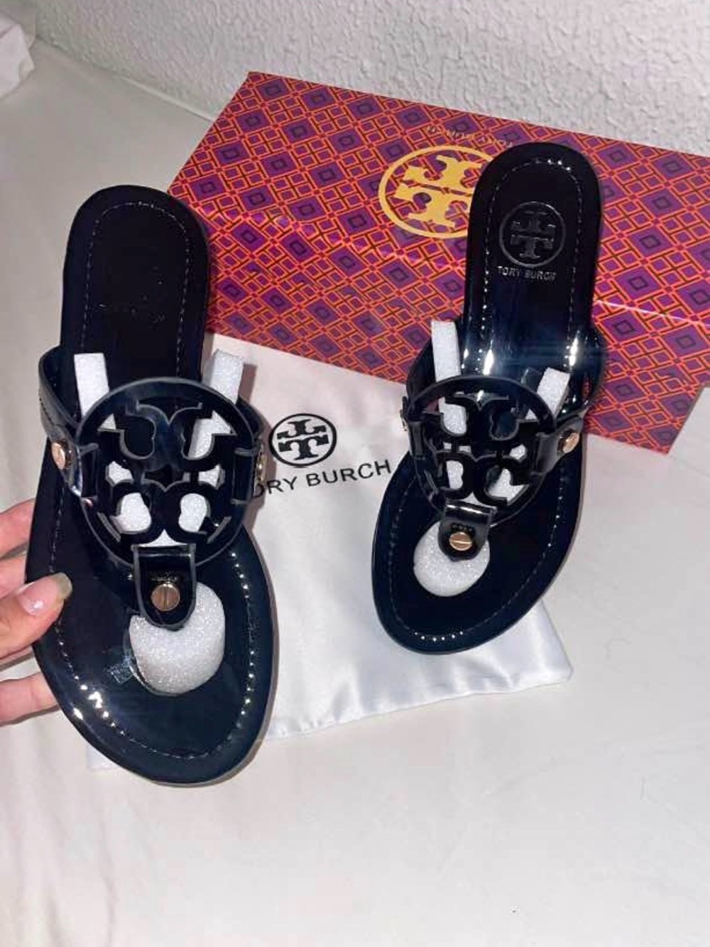 Tory Burch Black Patent Logo Thong Sandals